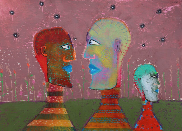 « Les trois causeurs muets » - papier, 13,5x18cm - 2026 patrick gourgouillat - « Les trois causeurs muets » - papier, 13,5x18cm - 2026